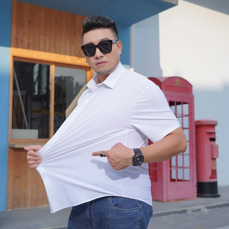 summer plus size men's clothing Seamless, no-iron, high-elastic ice silk short-sleeved shirt Plus size thin solid color shirt