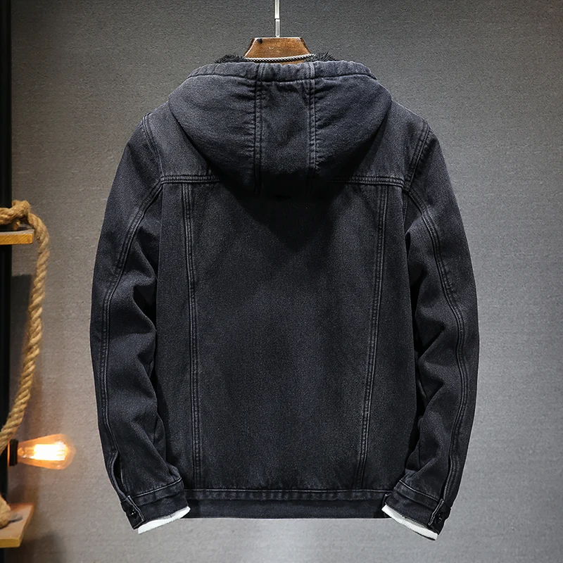 winter men's denim jacket young men's fleece thick thermal jacket Fit trend casual hooded men's denim top - Image 2