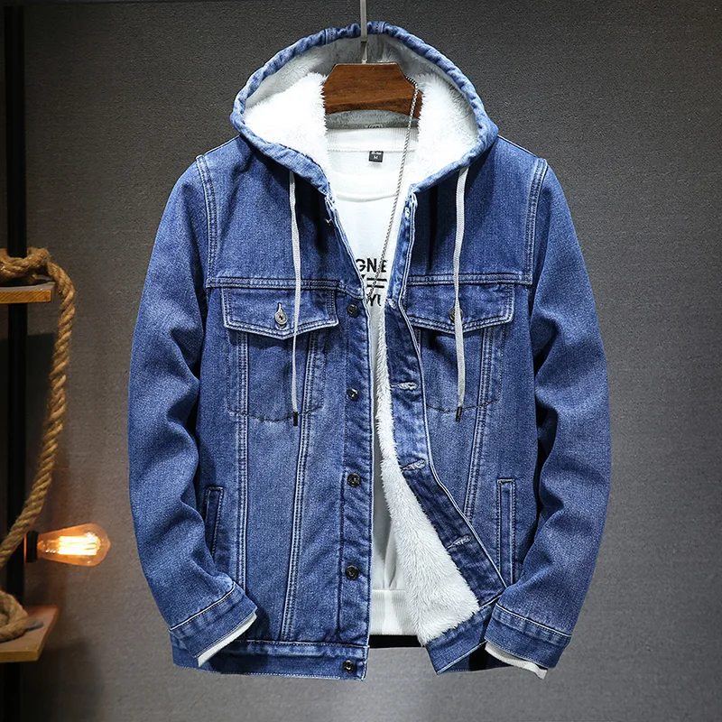 winter men's denim jacket young men's fleece thick thermal jacket Fit trend casual hooded men's denim top - Image 4