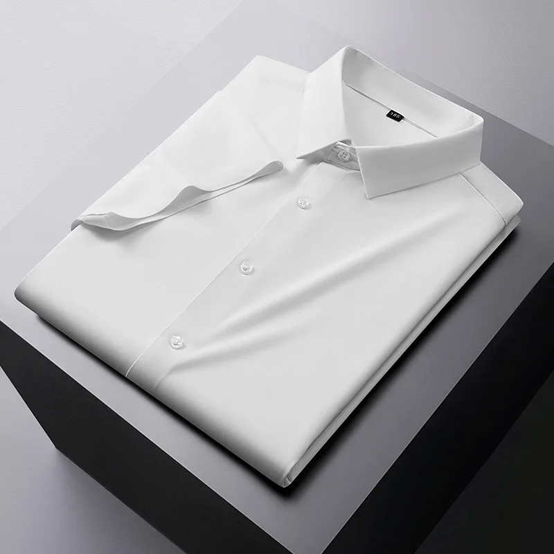 summer plus size men's clothing Seamless, no-iron, high-elastic ice silk short-sleeved shirt Plus size thin solid color shirt - Image 3